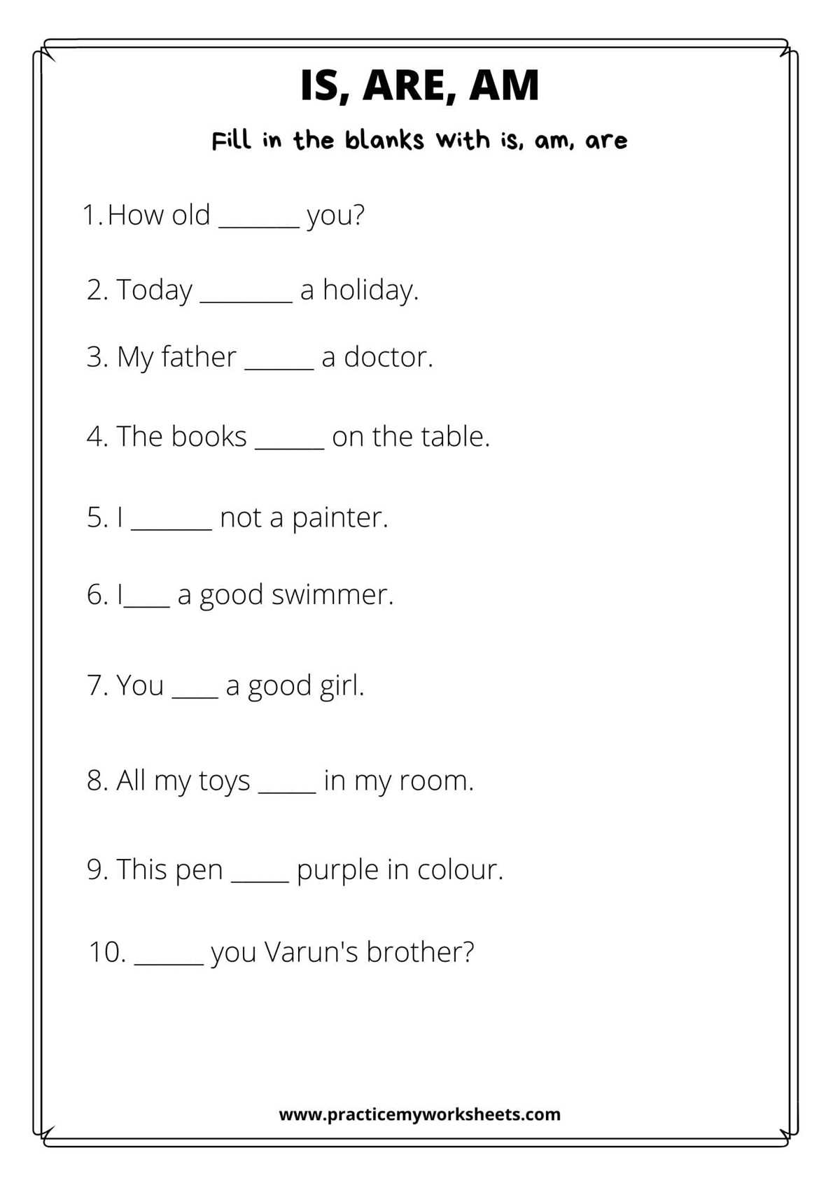 am and are worksheets