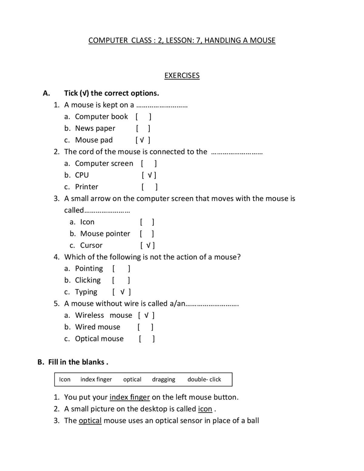 computer mouse worksheet for class 1