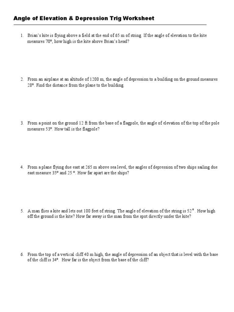 identifying angle of elevation and depression worksheet