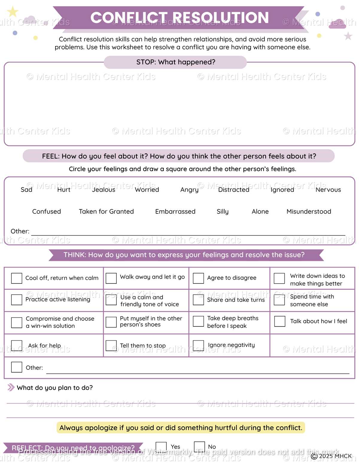 worksheets for conflict resolution