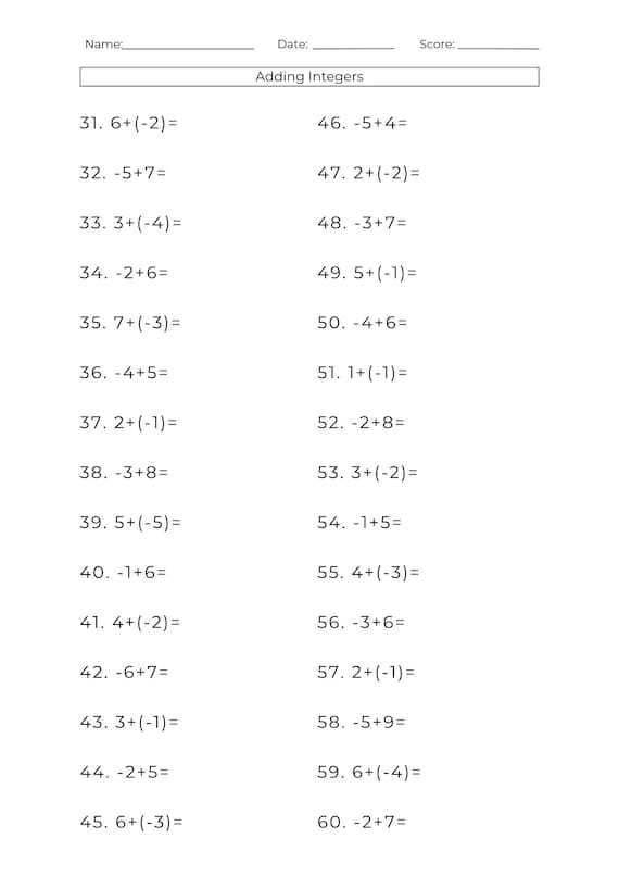 adding of integers worksheet