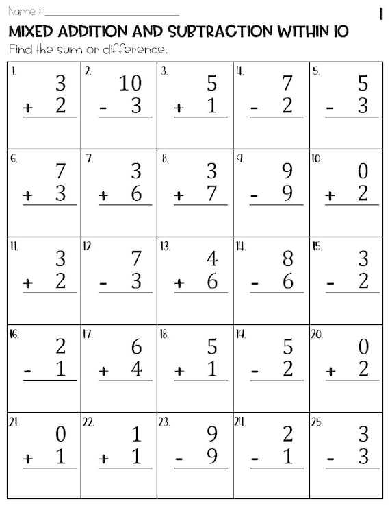 addition and subtraction worksheets to 10