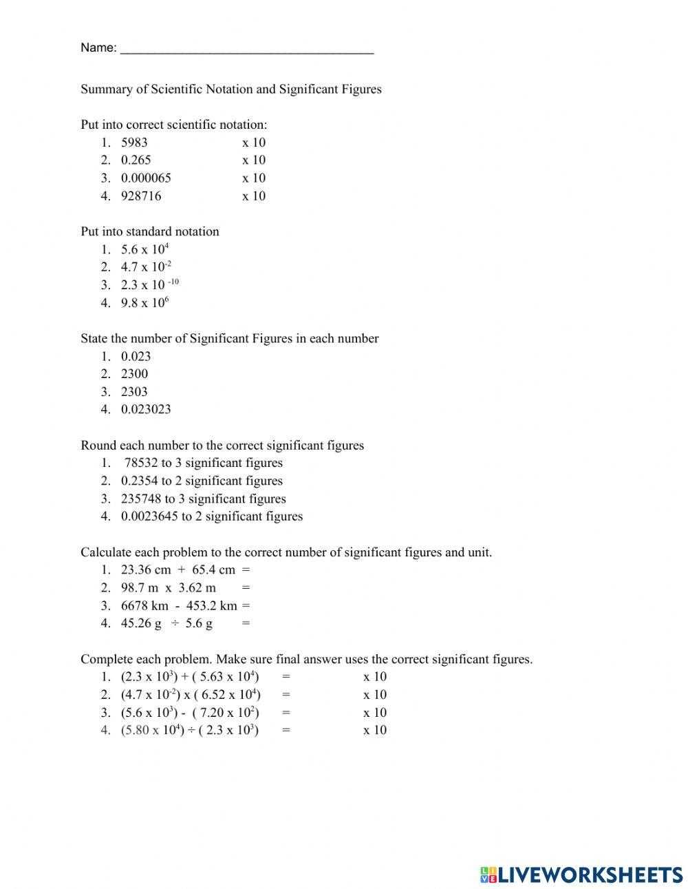 scientific notation and significant digits worksheet