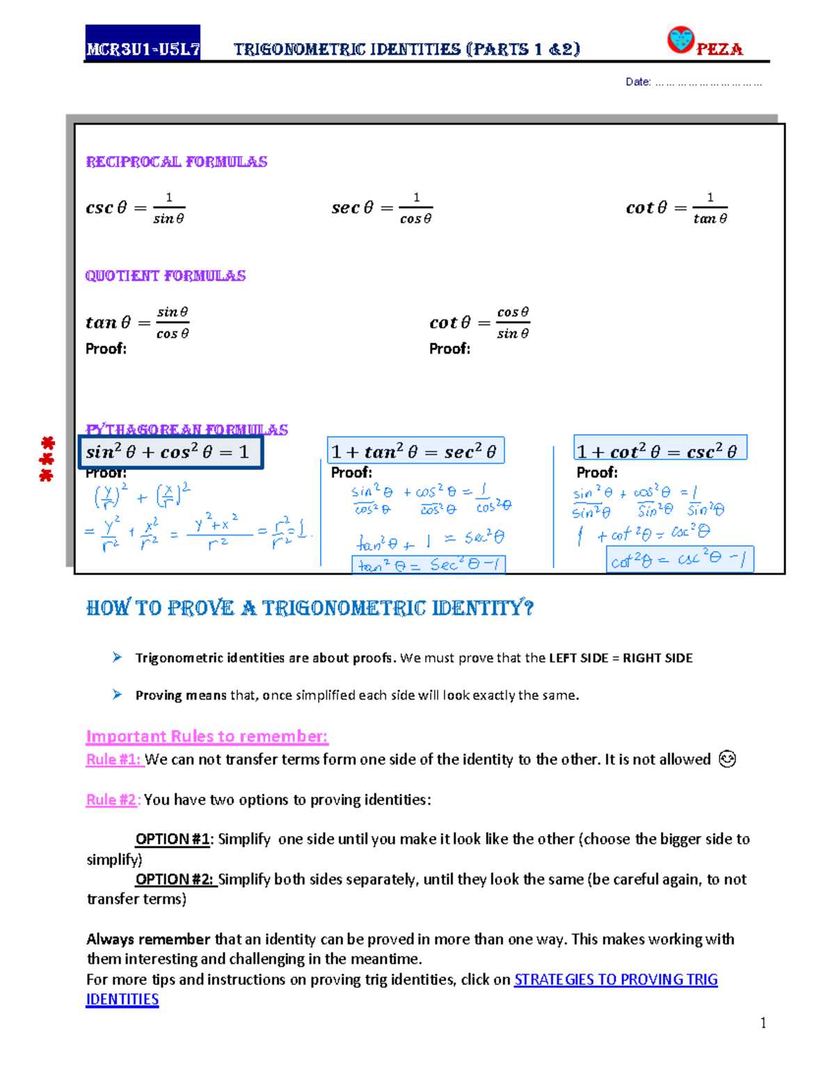 trig identity proofs worksheet