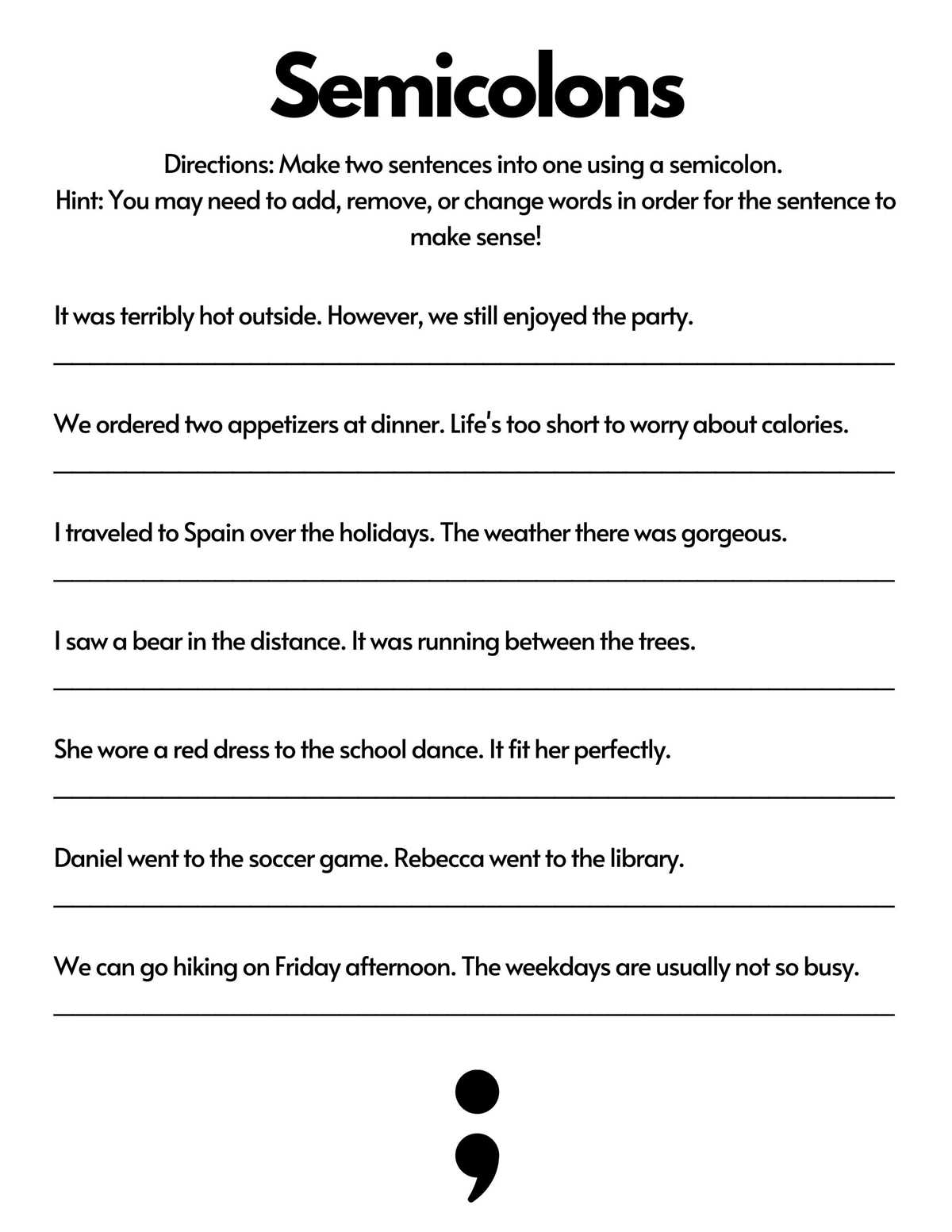 semicolon worksheet