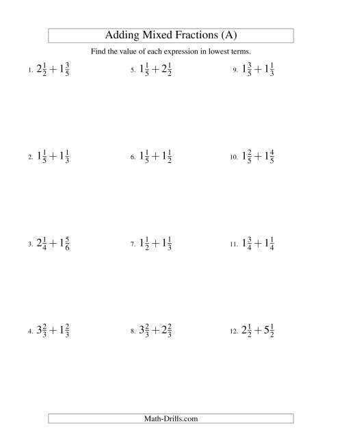 adding mixed number worksheets
