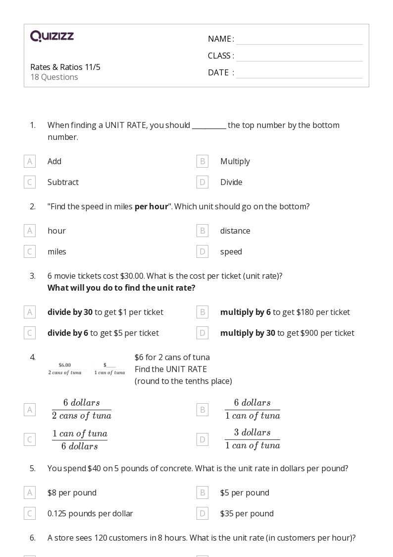 find the unit rate worksheet
