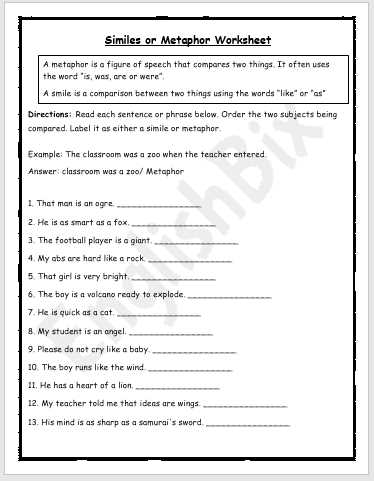 simile or metaphor worksheet