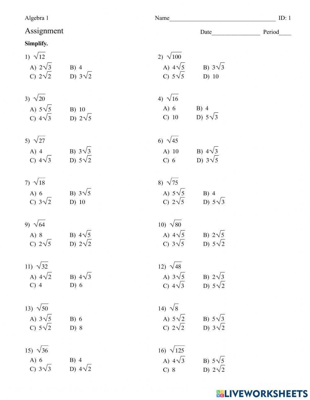 simplifying radicals worksheet with variables