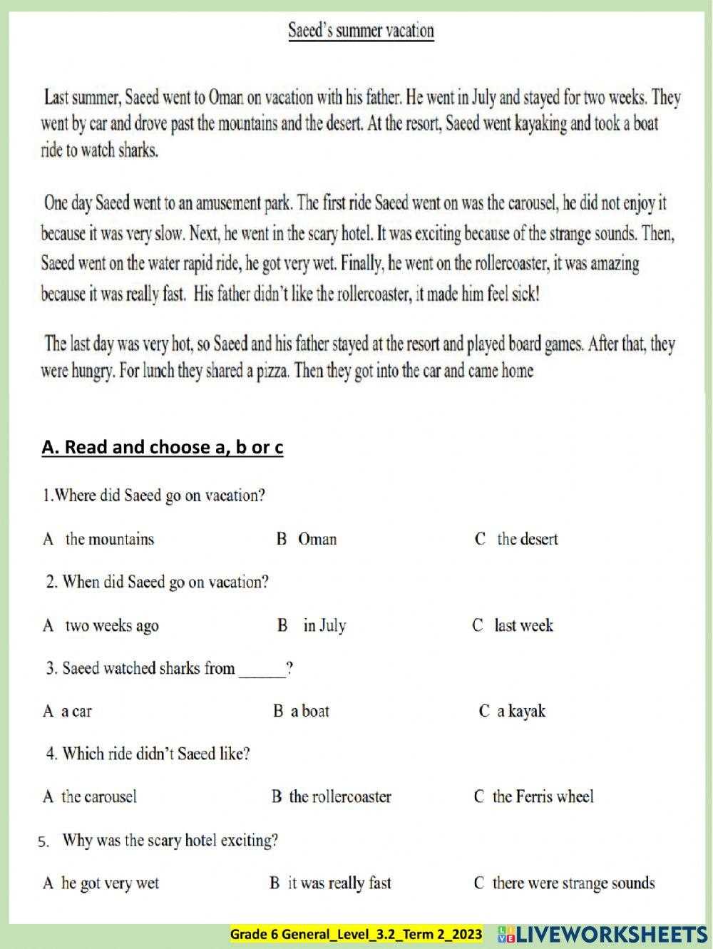 sixth grade reading comprehension worksheets