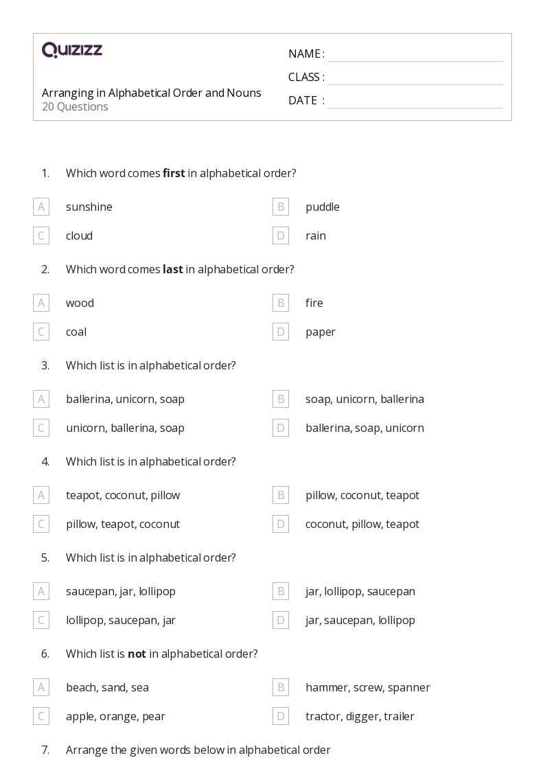 alphabetical order worksheets grade 6