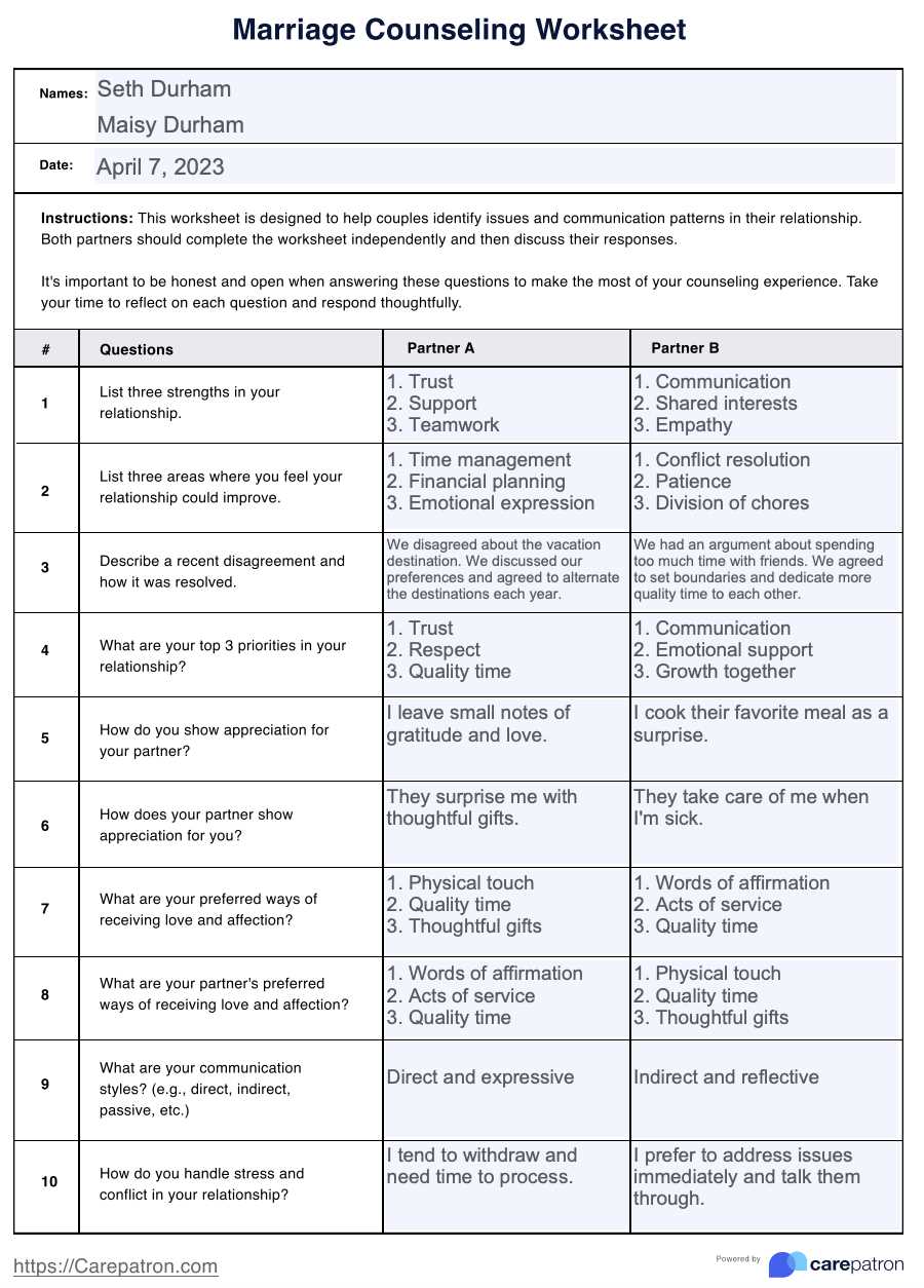 marriage values worksheet