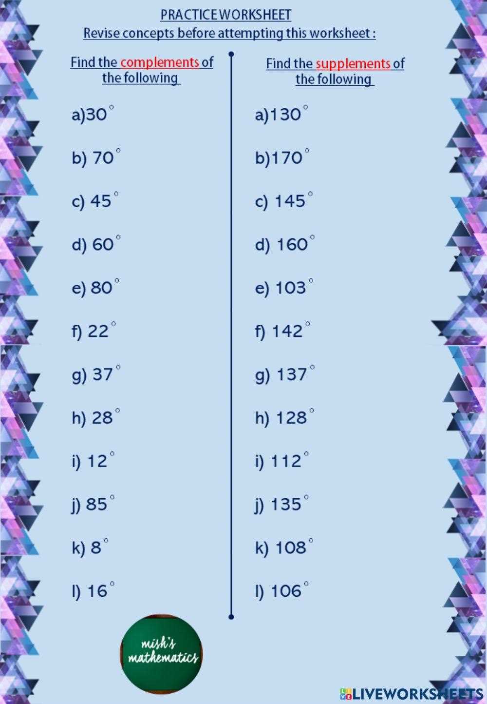supplementary complementary angles worksheet