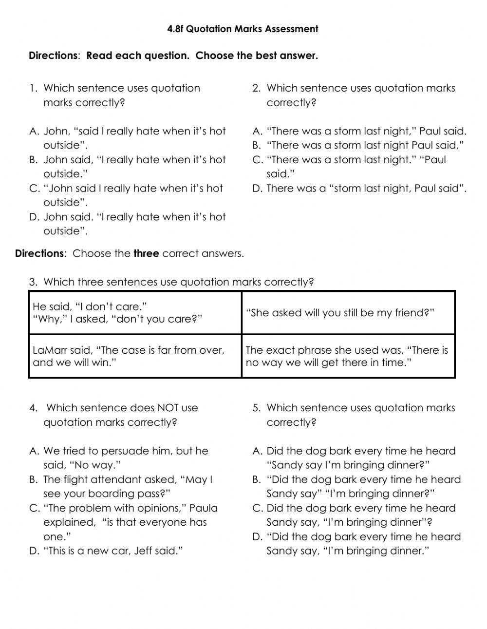 quotation mark worksheets