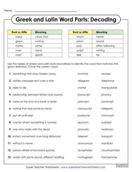 latin root words worksheet