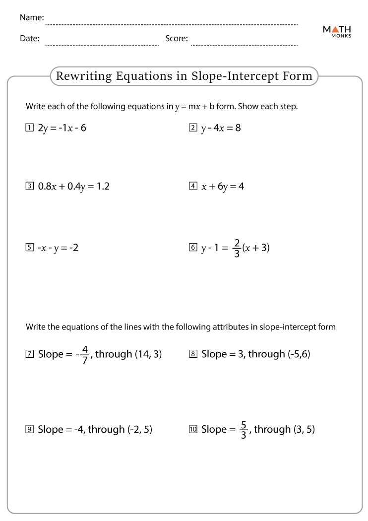 slope intercept formula worksheet