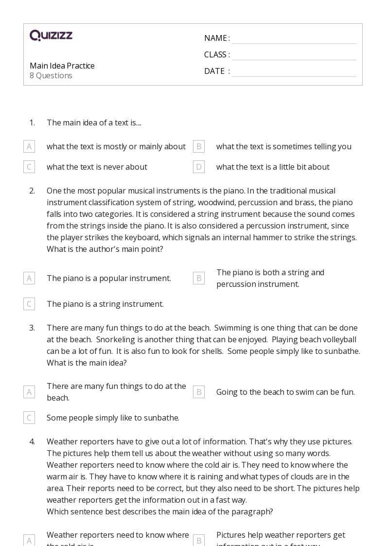 multiple choice main idea worksheets