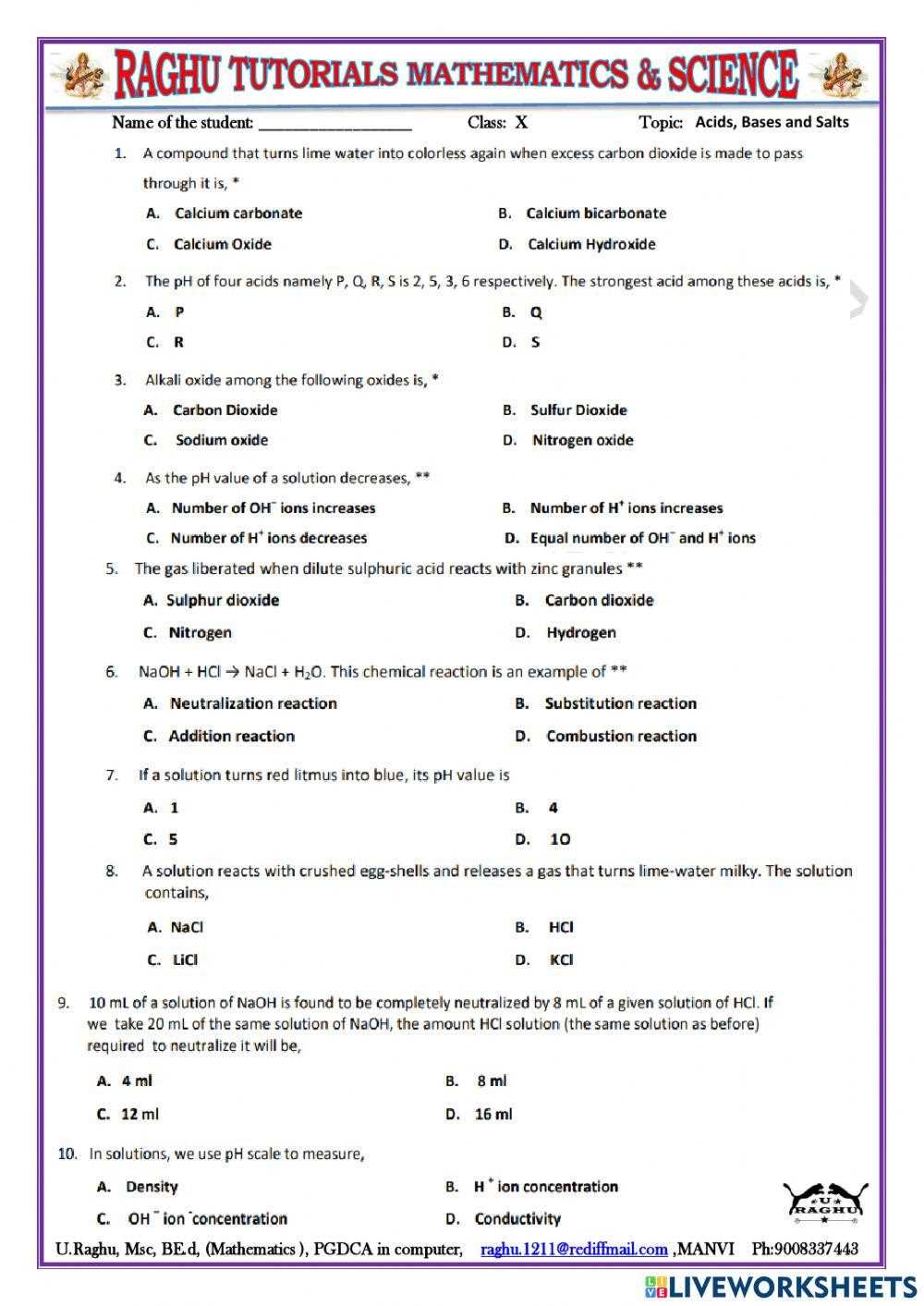 acids bases and salts worksheet class 10