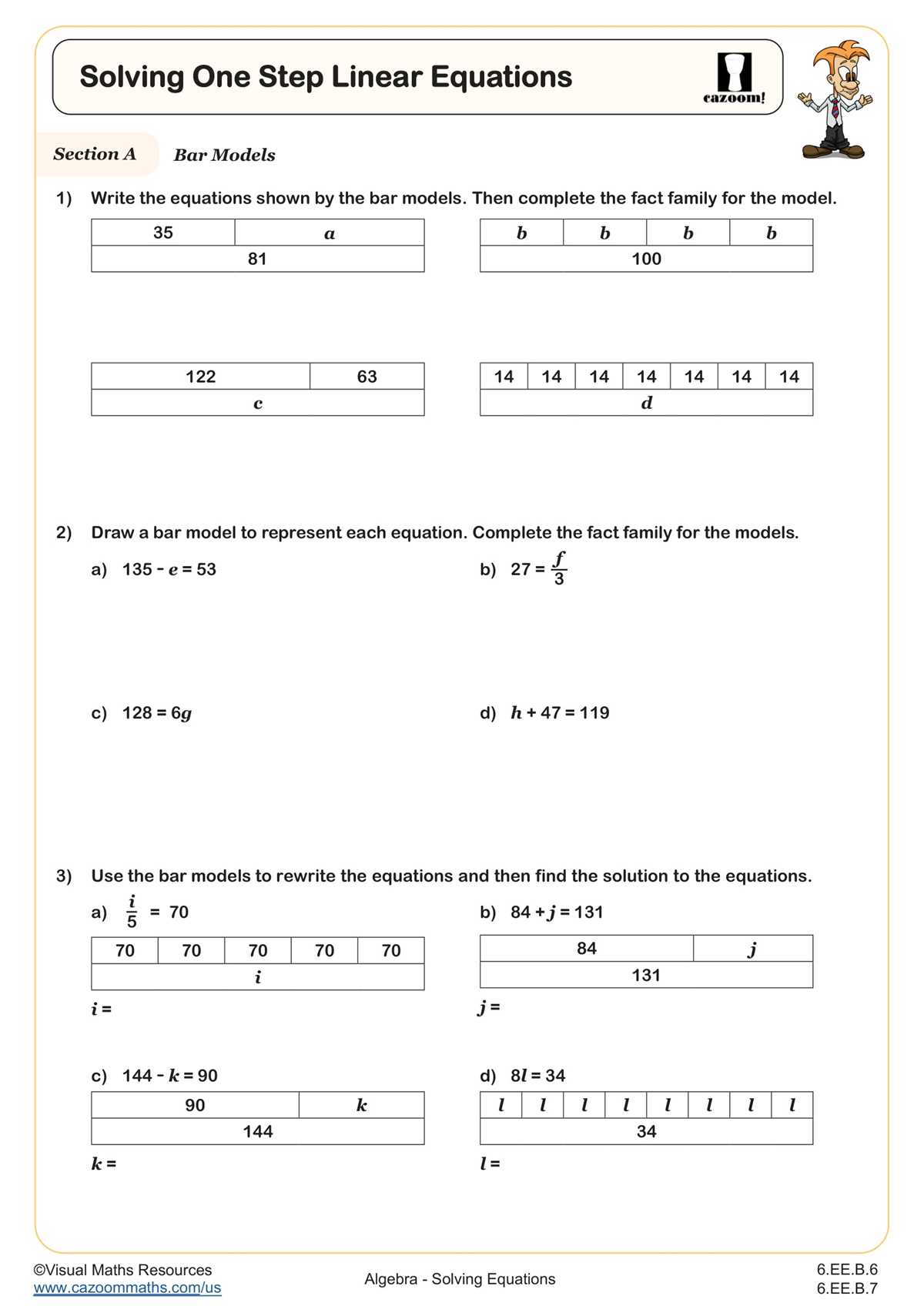 solving equations one step worksheet