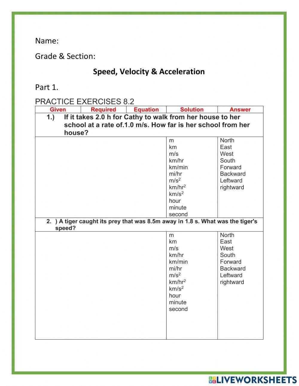 speed and velocity practice worksheet