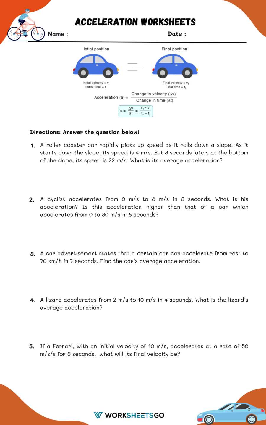 speed velocity acceleration worksheet