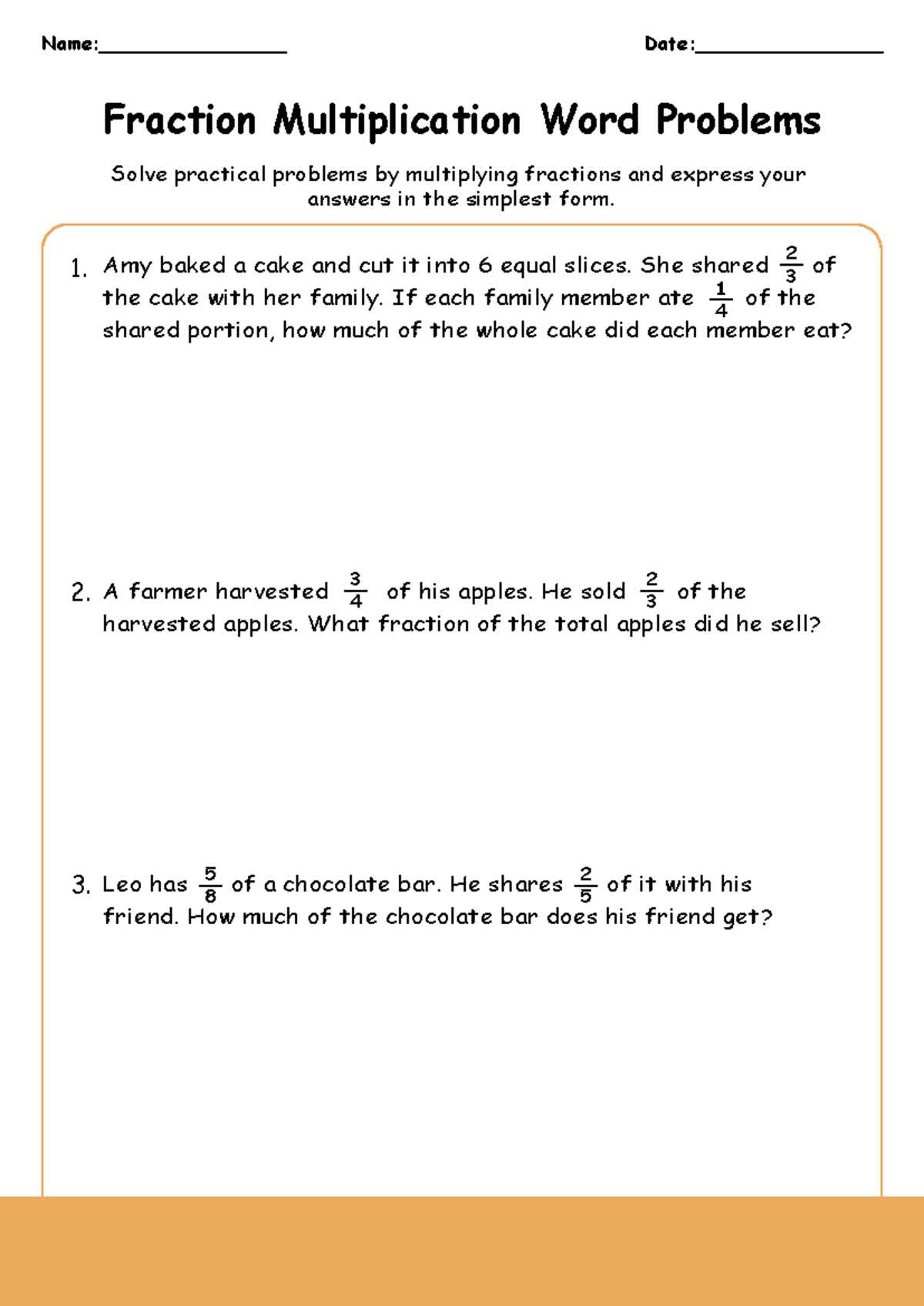 fraction multiplication word problems worksheet