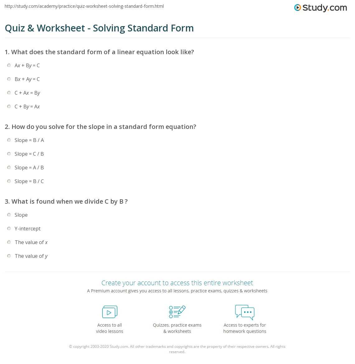 standard form worksheets