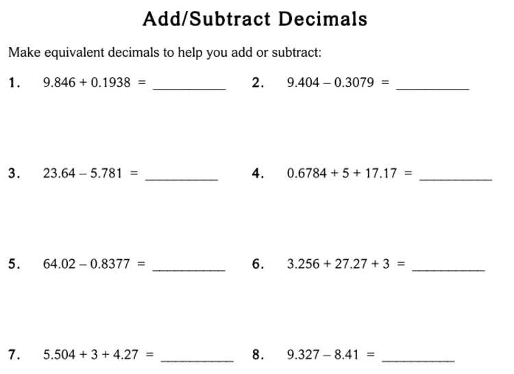 adding and subtracting decimals worksheets grade 6