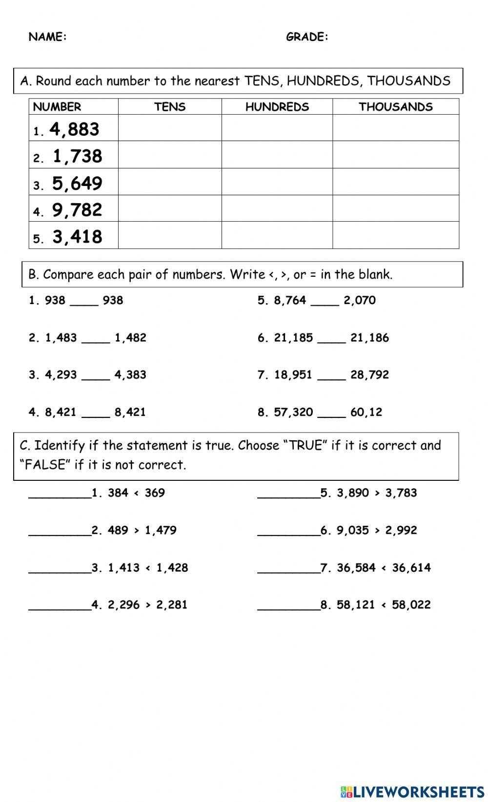 comparing whole numbers worksheets