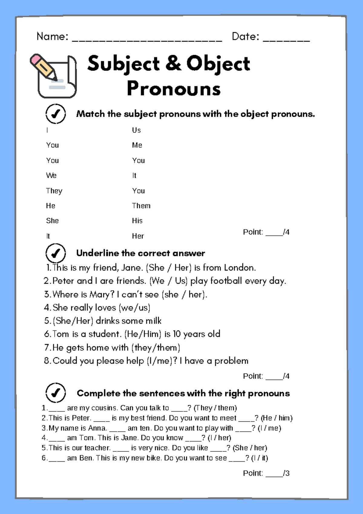 subject and object pronouns worksheets