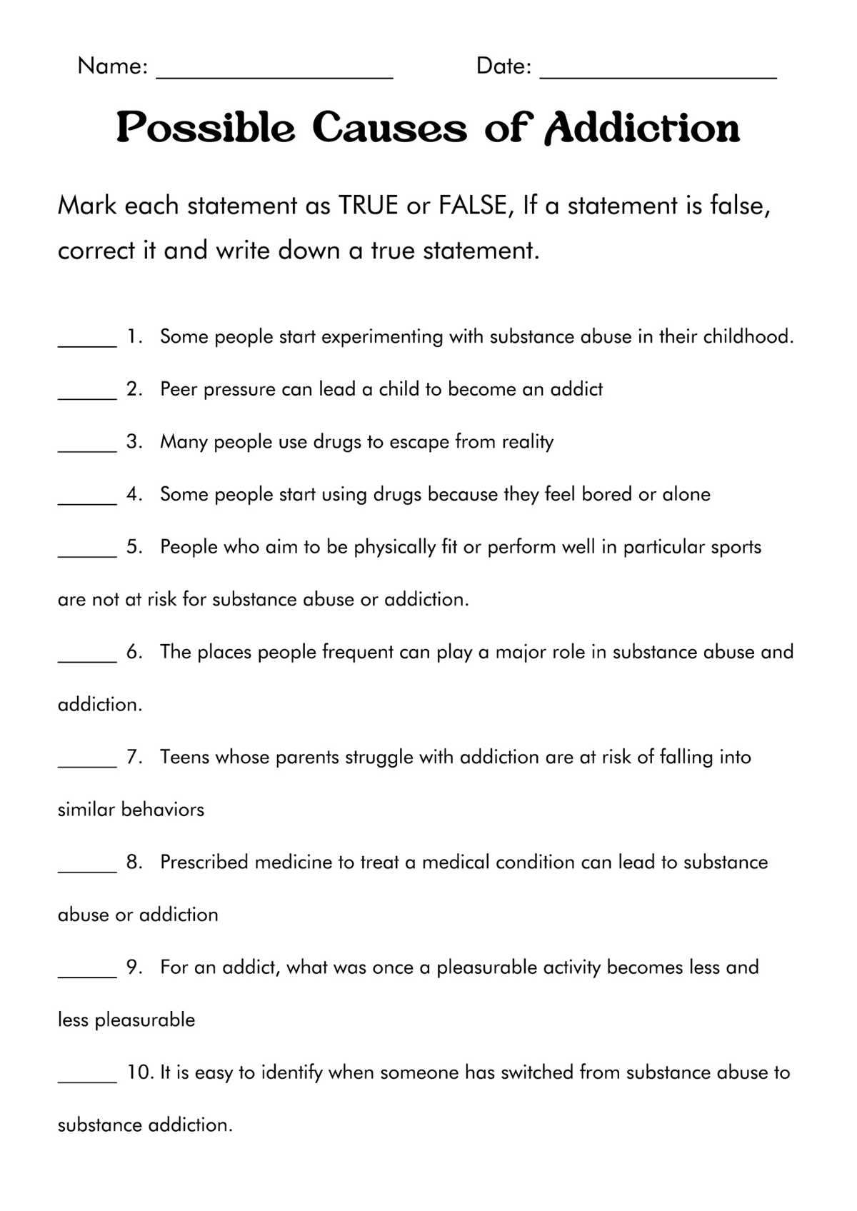 substance abuse worksheets