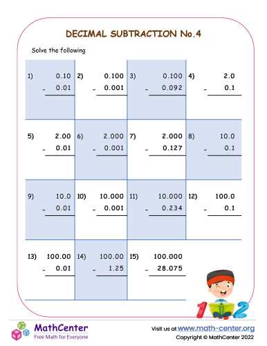 subtract decimals worksheet