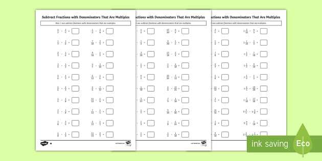 subtracting fractions with common denominators worksheets
