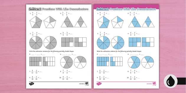 subtraction of fractions with like denominators worksheets