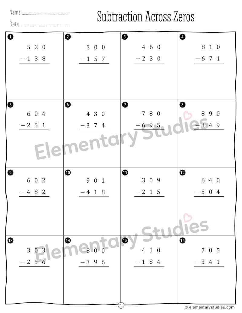 subtraction with zeros regrouping worksheets