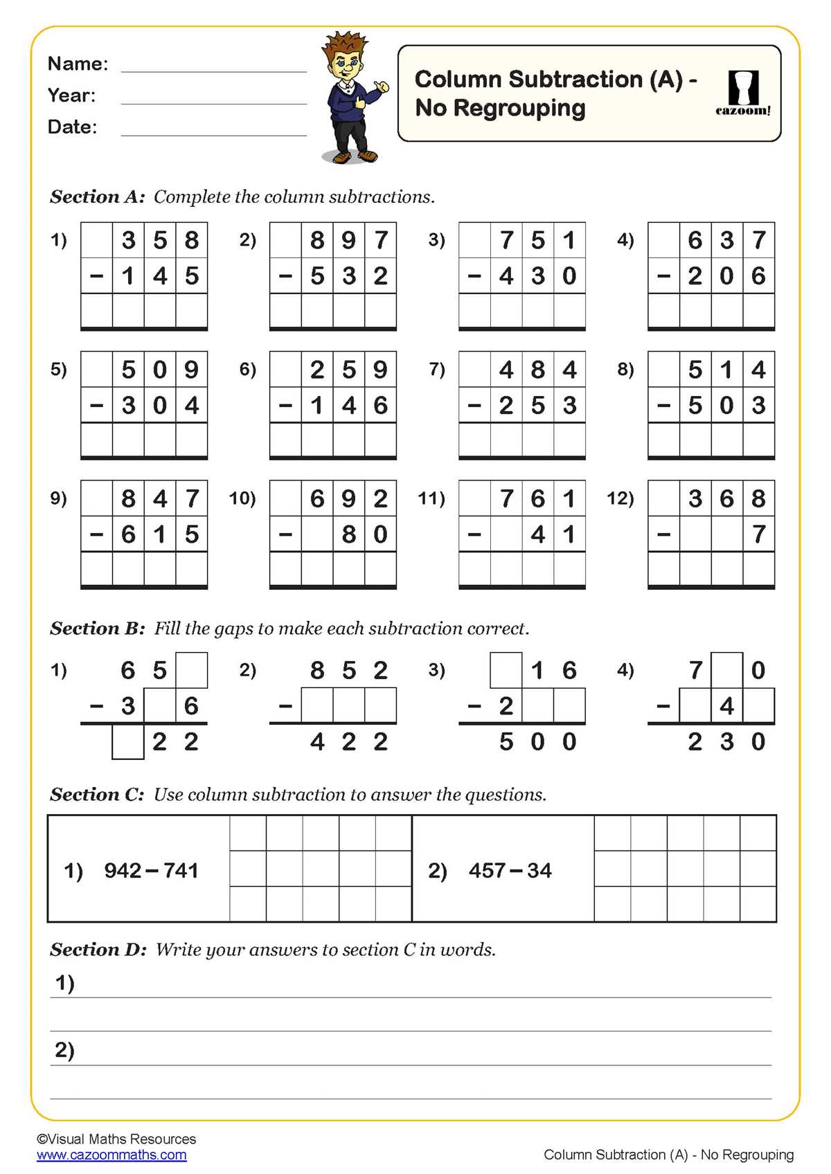 subtraction worksheets printables