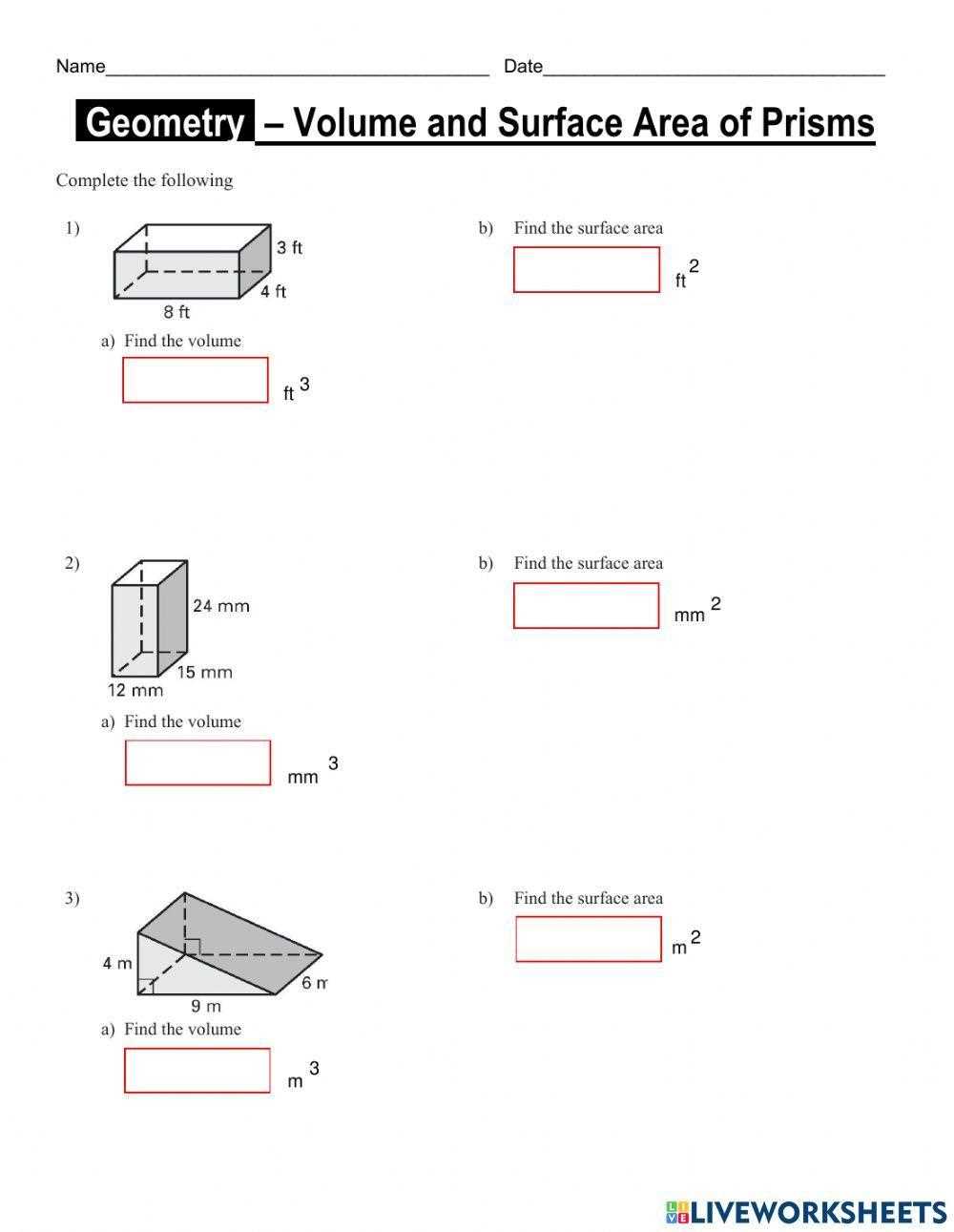 surface area math worksheets