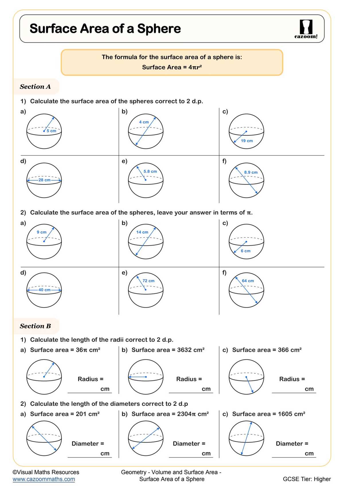 surface area of a sphere worksheet