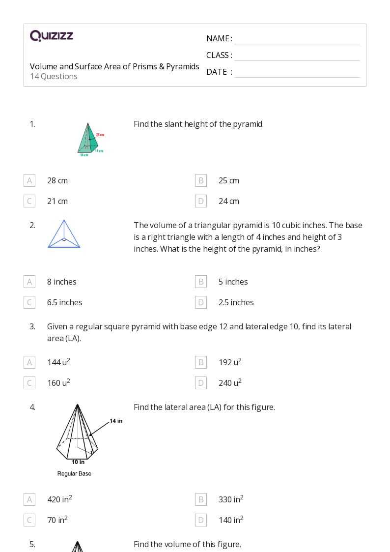 surface area of prisms and pyramids worksheet