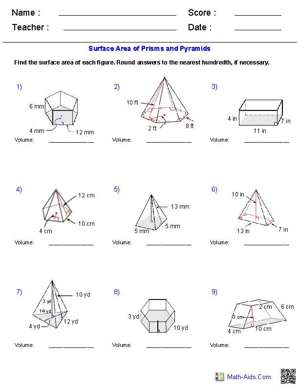 surface area of prisms and pyramids worksheet