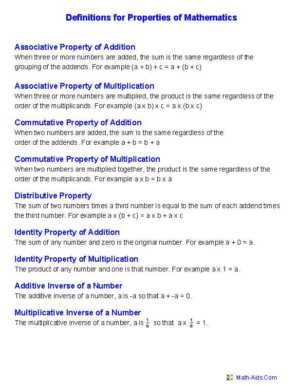 properties of math worksheet
