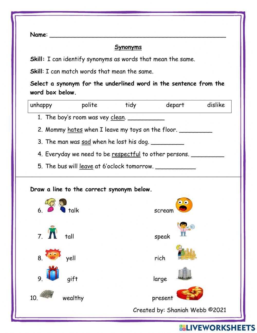 synonyms worksheet for grade 3