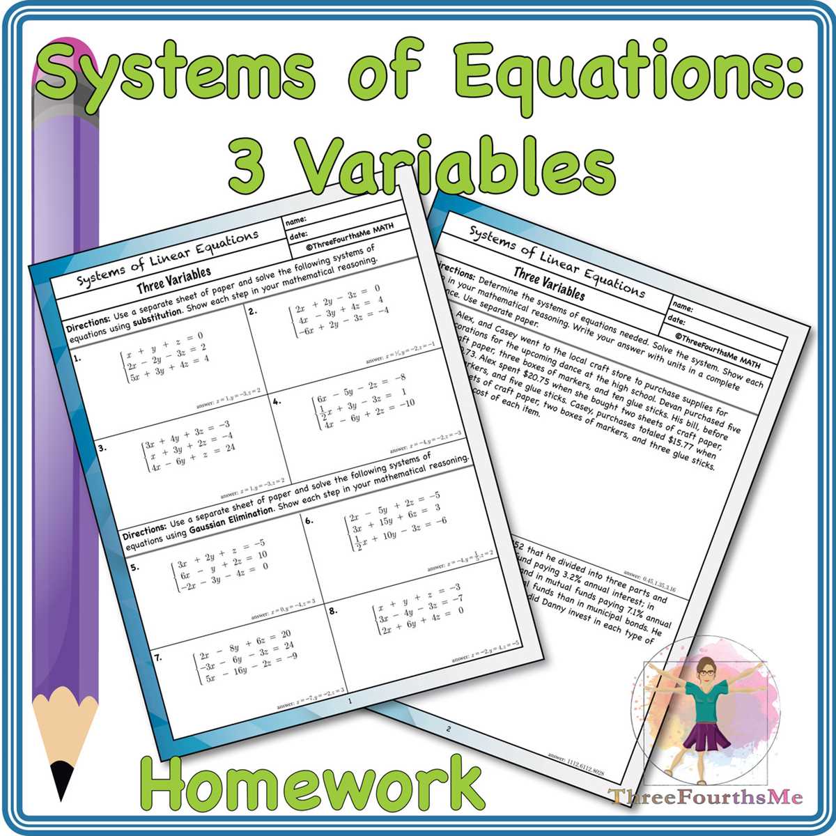 systems of equations 3 variables worksheet