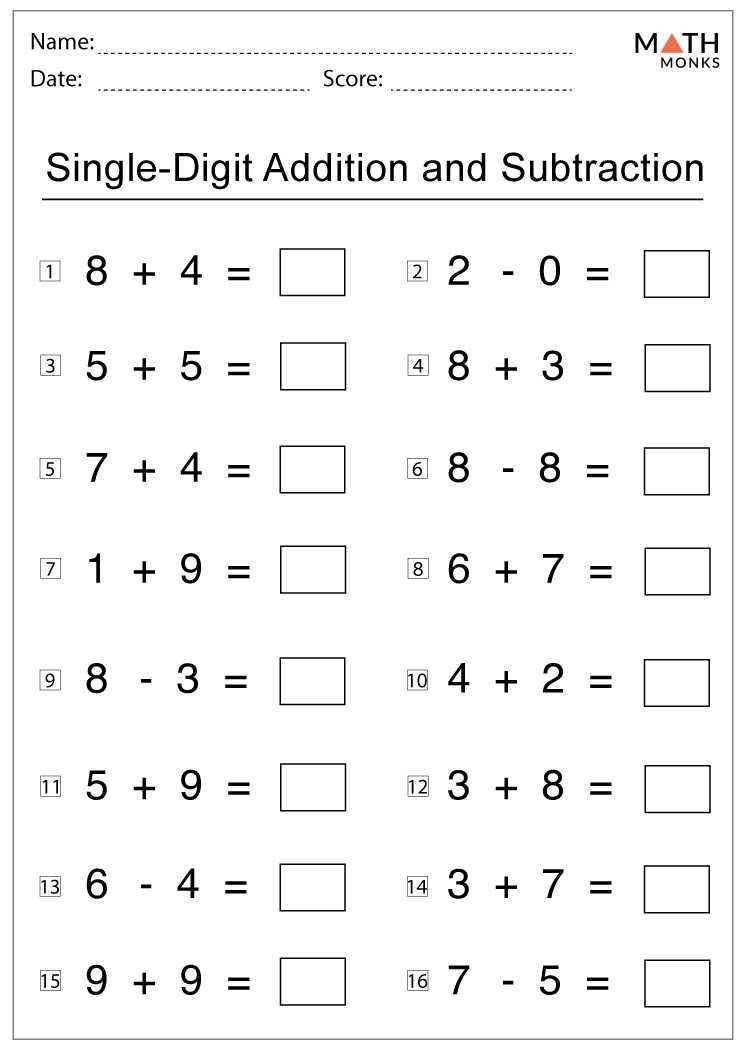 one digit addition and subtraction worksheets