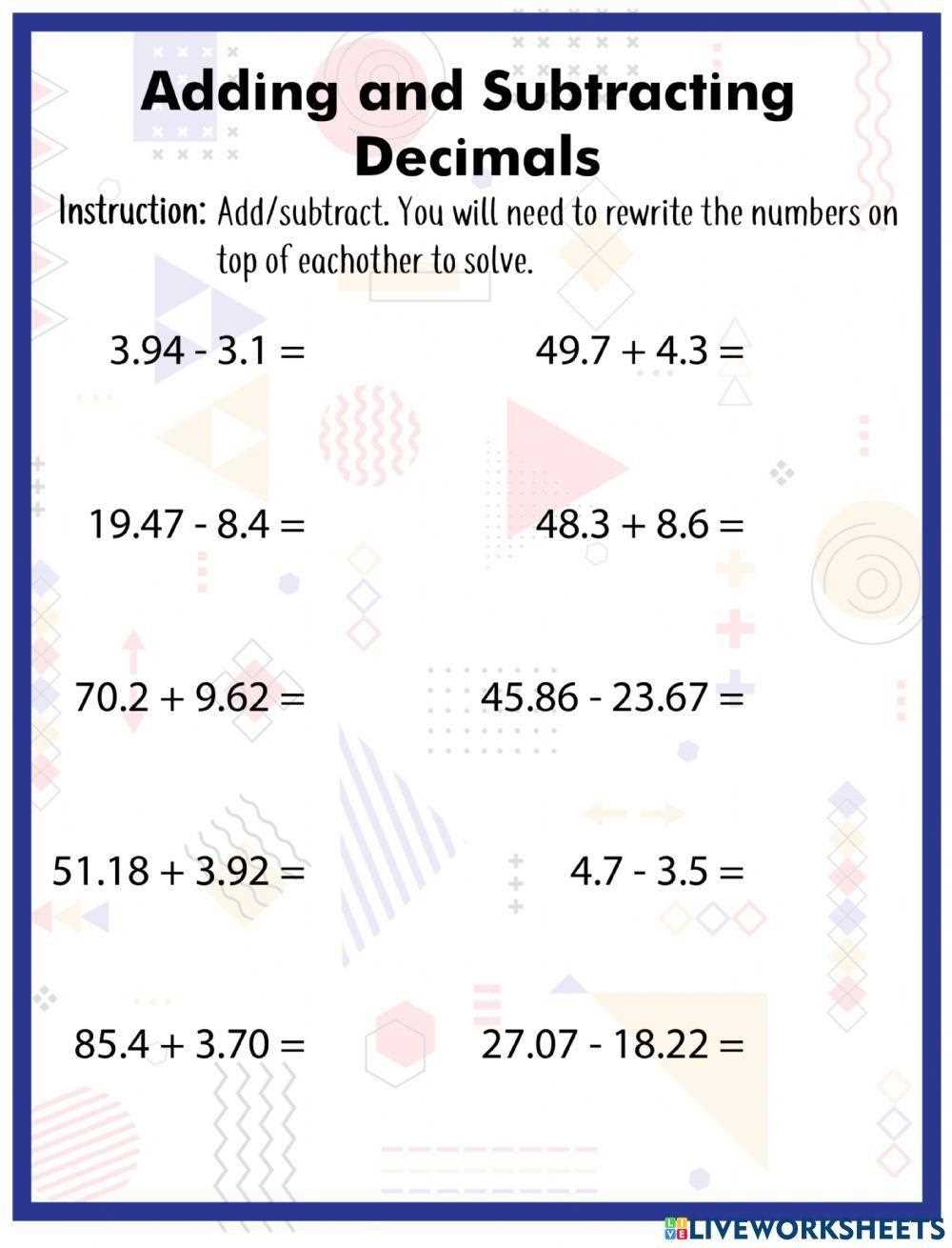 addition and subtraction decimal worksheet