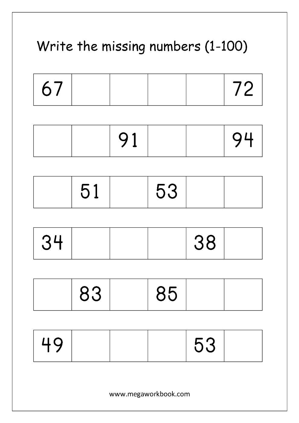 worksheet missing numbers 1 100