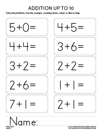 addition worksheets for kindergarten 1 10 with pictures