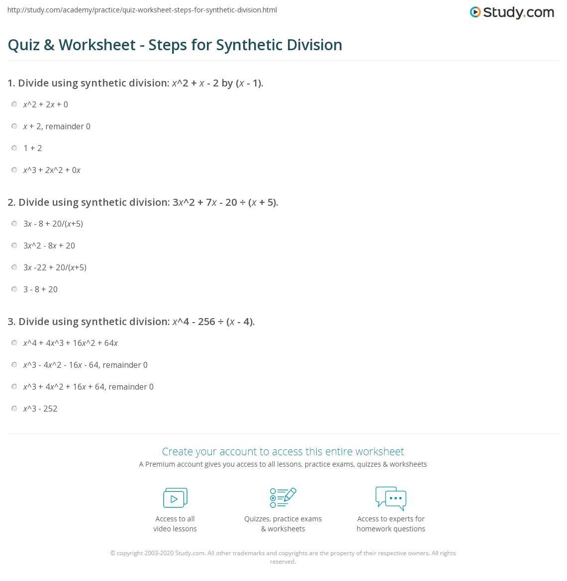 synthetic division worksheet