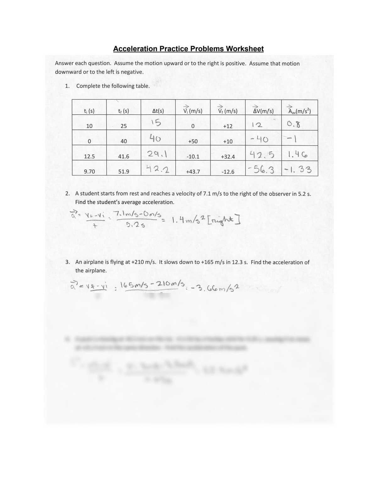 acceleration practice problems worksheet