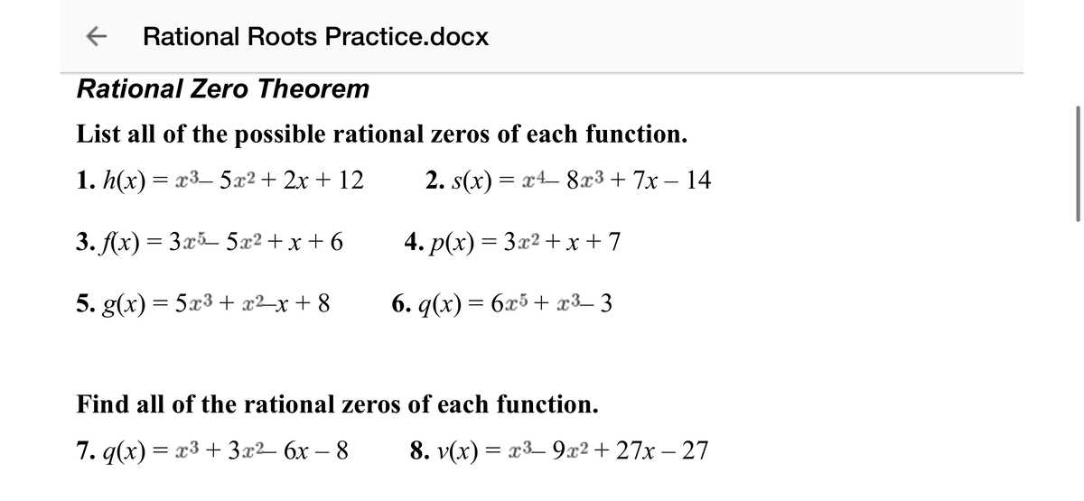 rational root theorem worksheet